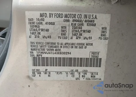 2003 Ford Excursion Xlt z USA, uszkodzony, nr VIN 1FMNU41L43EB30294